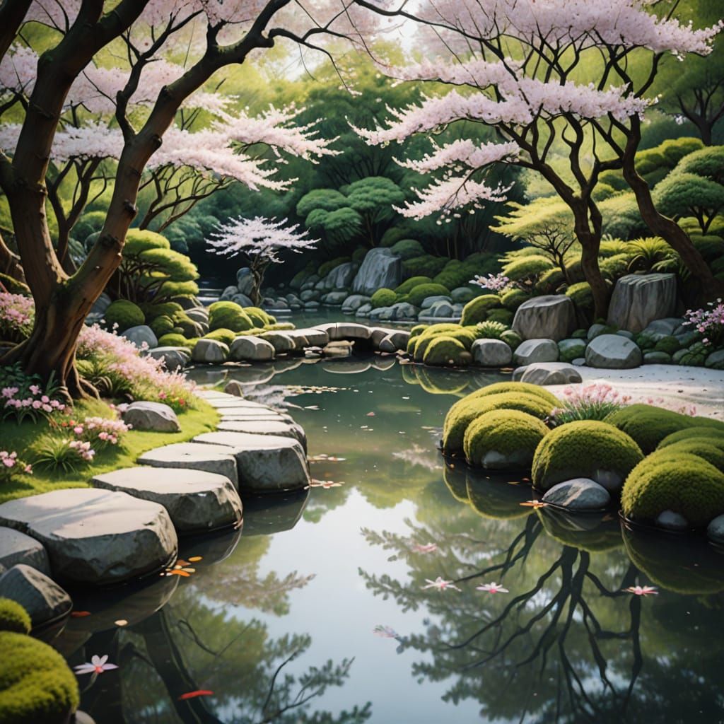 Serene Japanese Zen Garden in Watercolor Style