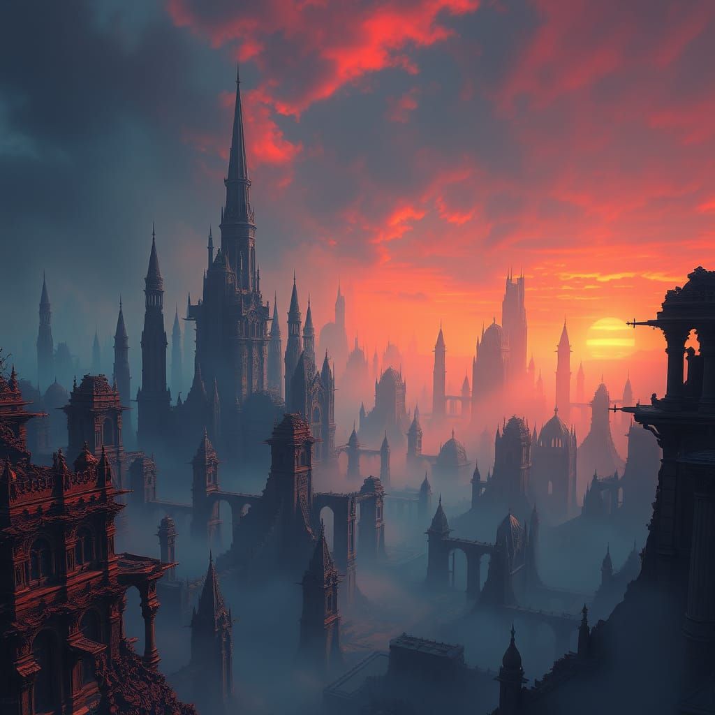 Mystical Ruined Metropolis in Dreamlike Indigo Mist