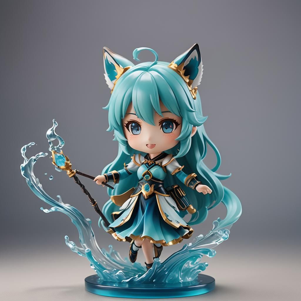 nendoroid of a cheerful anime cyan-haired idol girl with fox ears, long hair