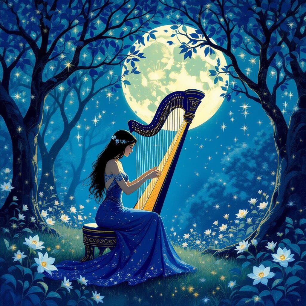 Celestial Harp Plays in Moonlit Glade, Art Nouveau Style