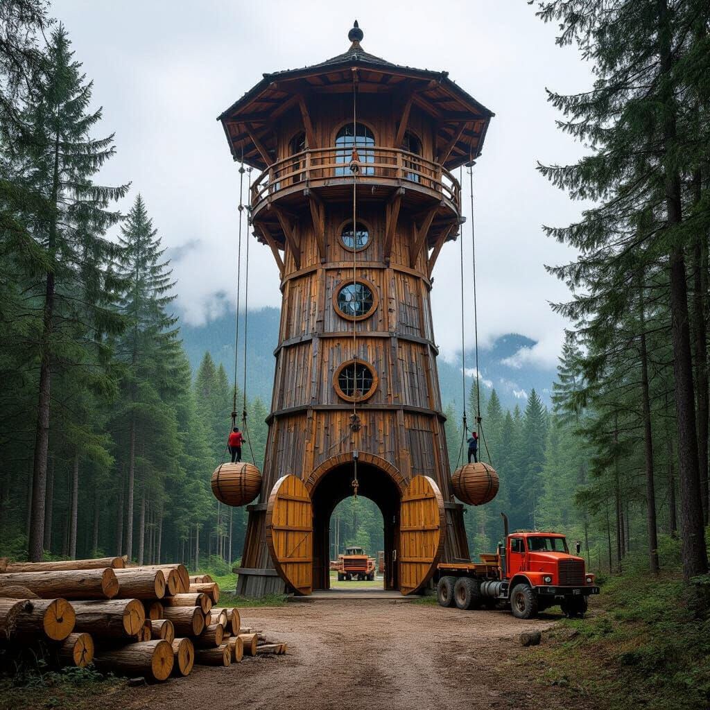 Tall Wooden Tower in Forest Hoisting Logs