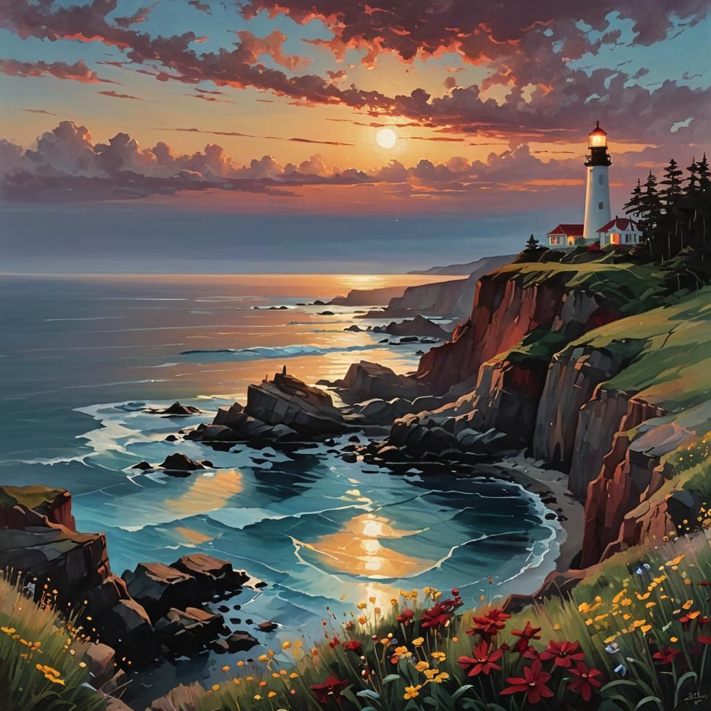 Twilight Coastal Scene with Lighthouse and Painted Sky