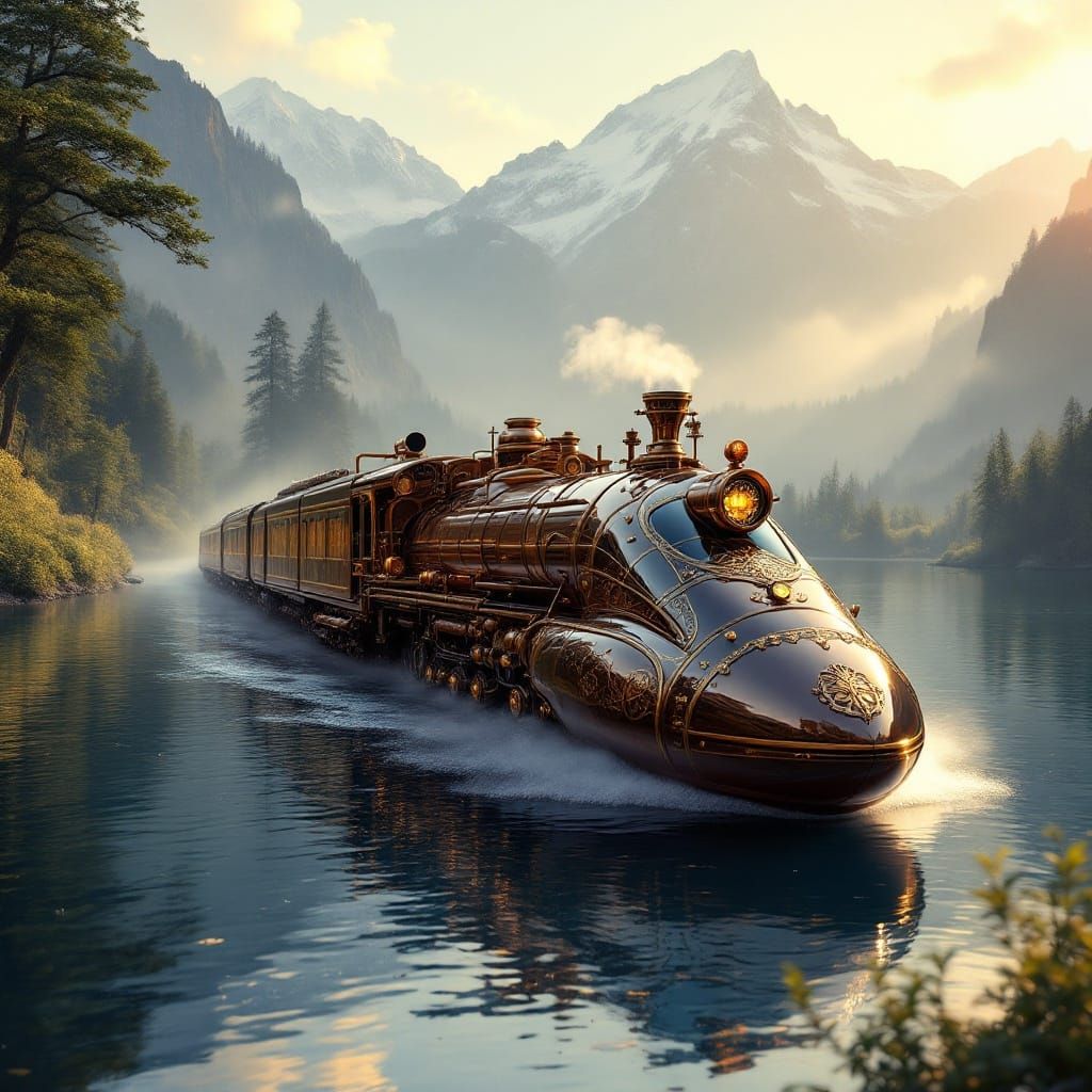 Elegant Steampunk Glass Bullet Train on a Serene Lake