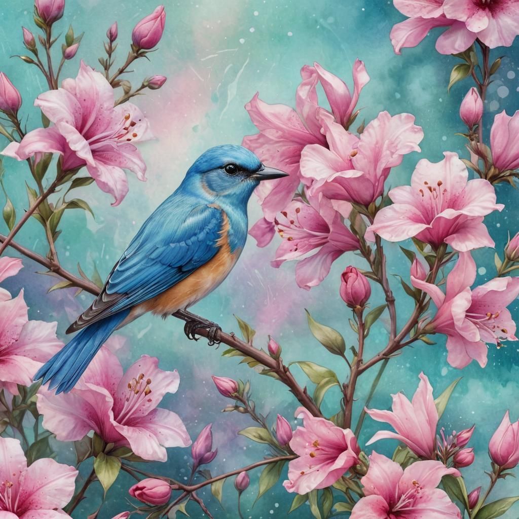 Watercolor Bluebird on Fuchsia Bloom in Astral Style