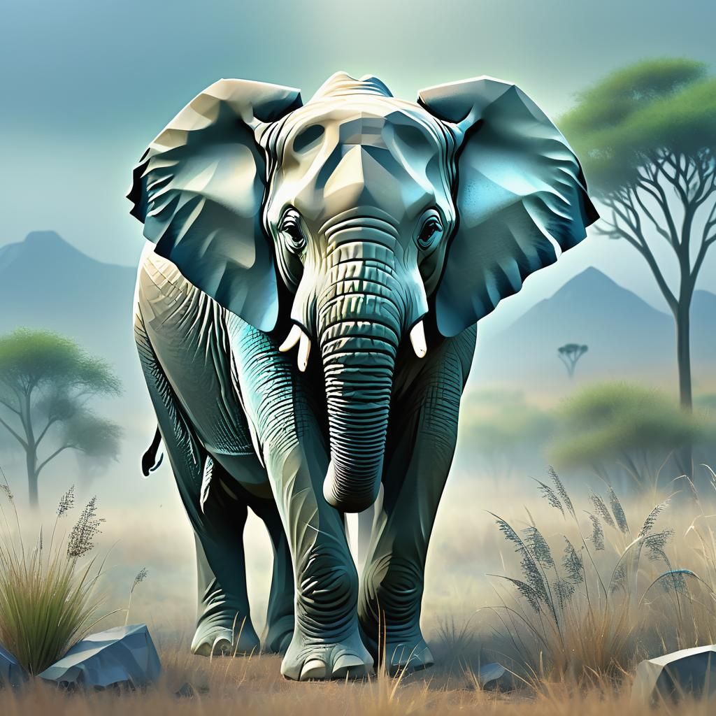 Elephant-Rhino Hybrid in Misty Savannah: Low-Poly 3D Art