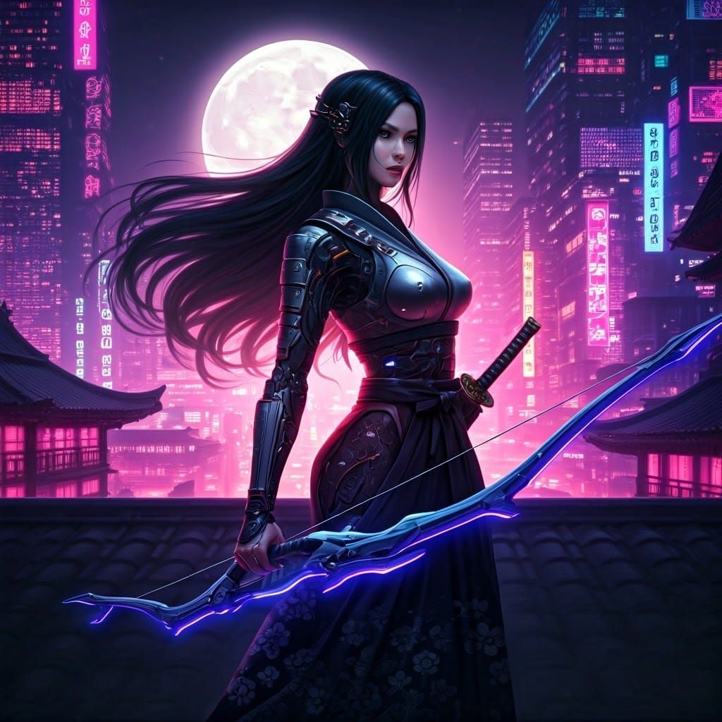 Cyberpunk Street Samurai with High-Tech Bow