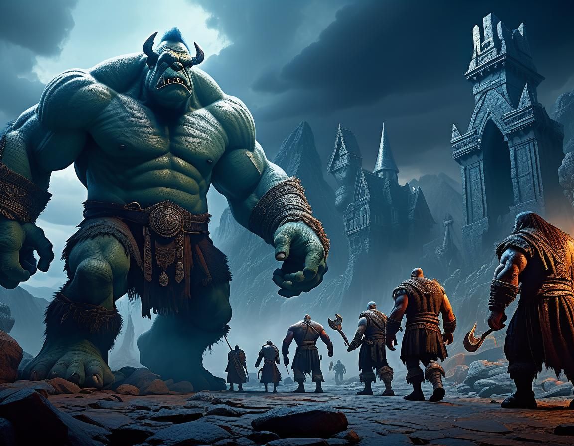Heroes Face Ogre: Epic Dark Fantasy Digital Art