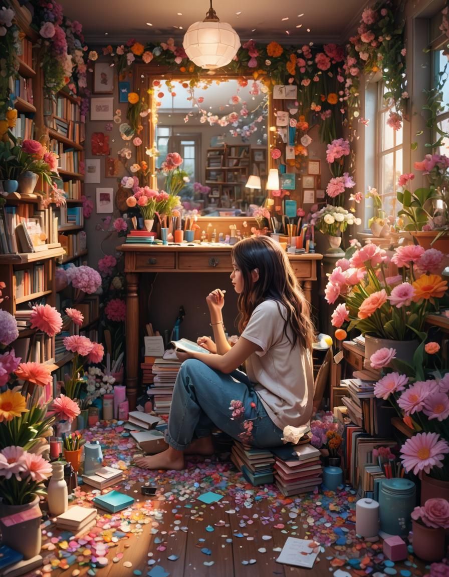 Girl in Floral Room: Detailed 3D Digital Art