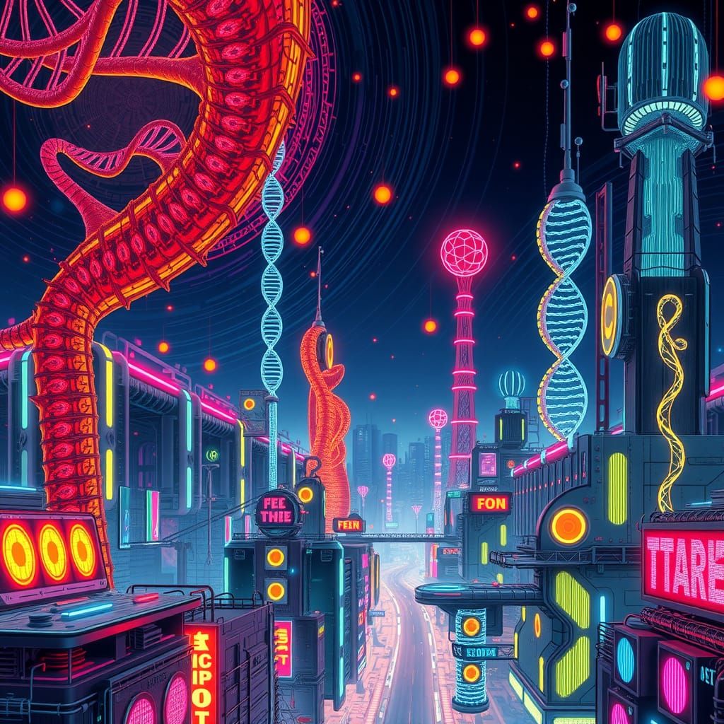 Futuristic Cityscape with Neon Lights and DNA Art