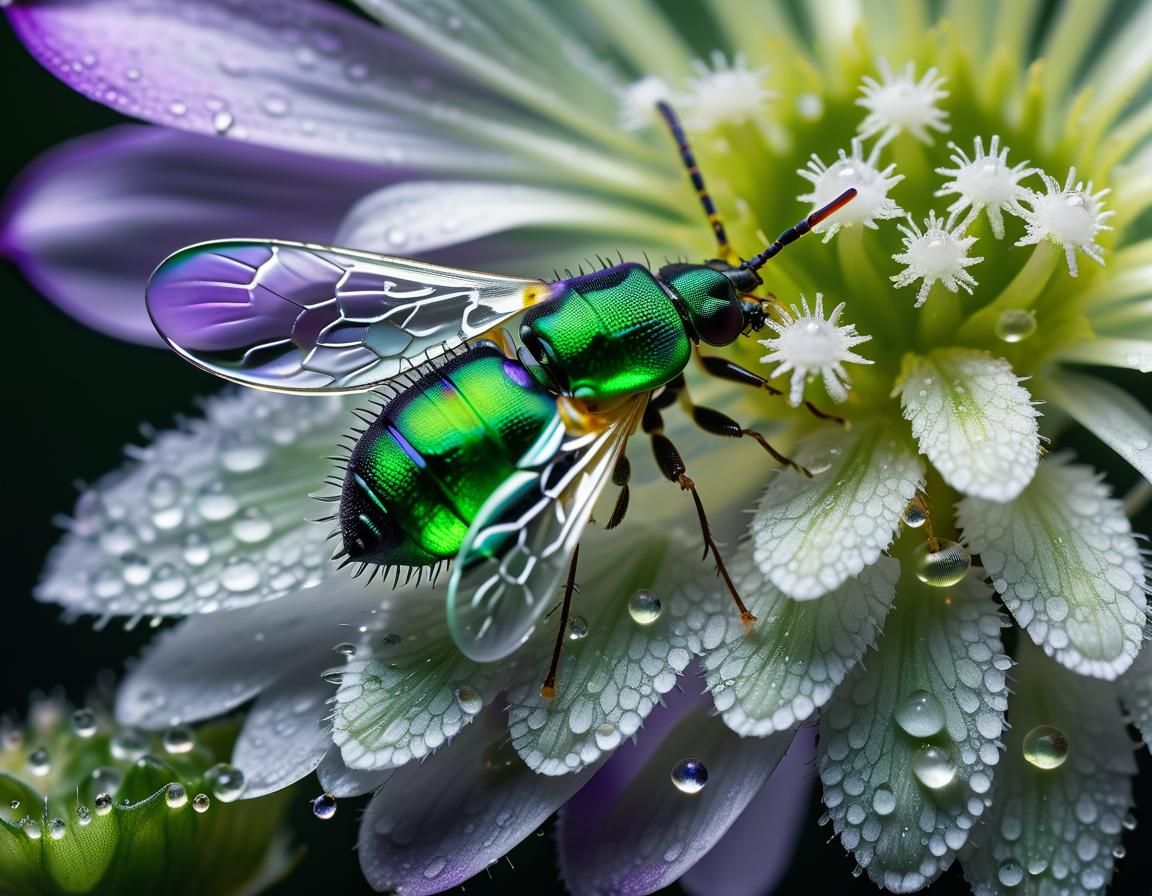 Aphid and Water Droplet on Purple Flower