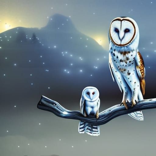 Blue Barn Owl and White Barn Own together& ethereal vibes& magical vibes& Beautiful nighttime background