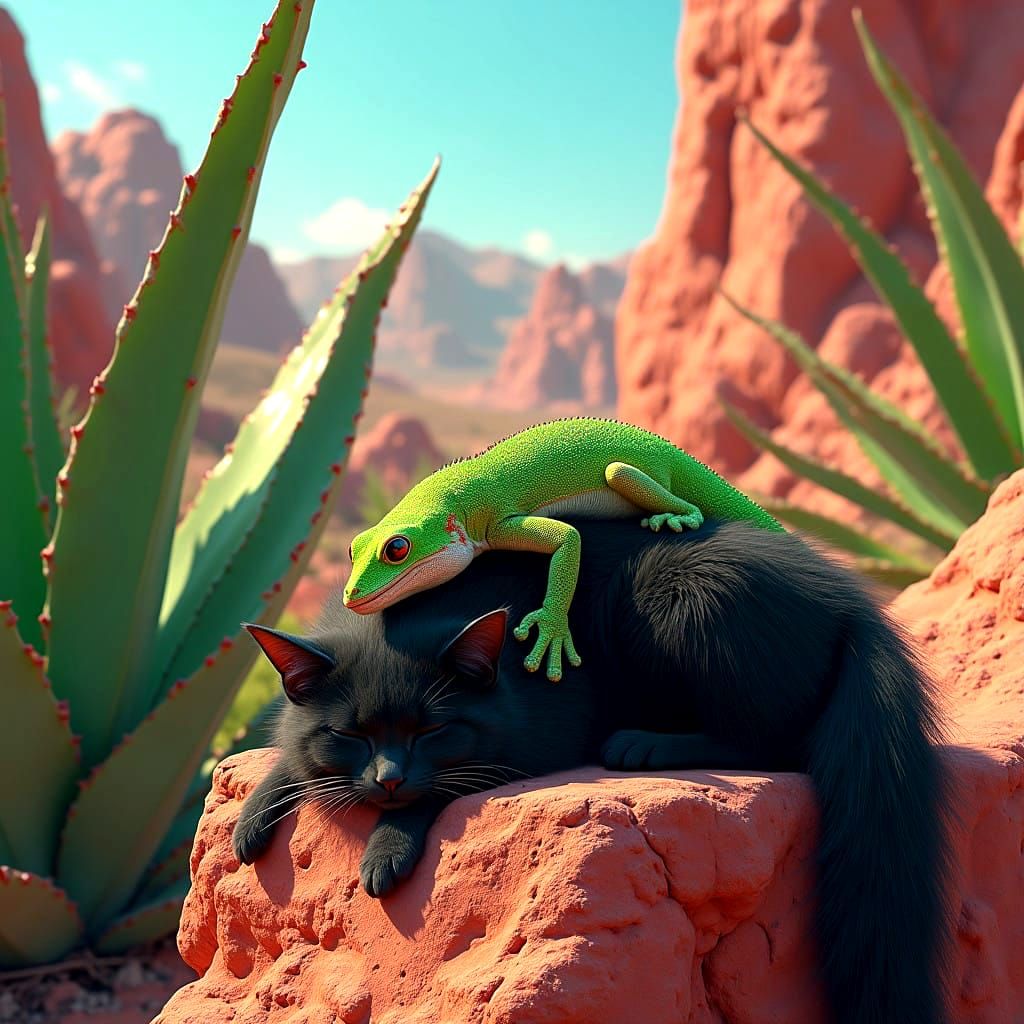 Fantastical Desert Scene with Day Gecko and Sleeping Cat in...