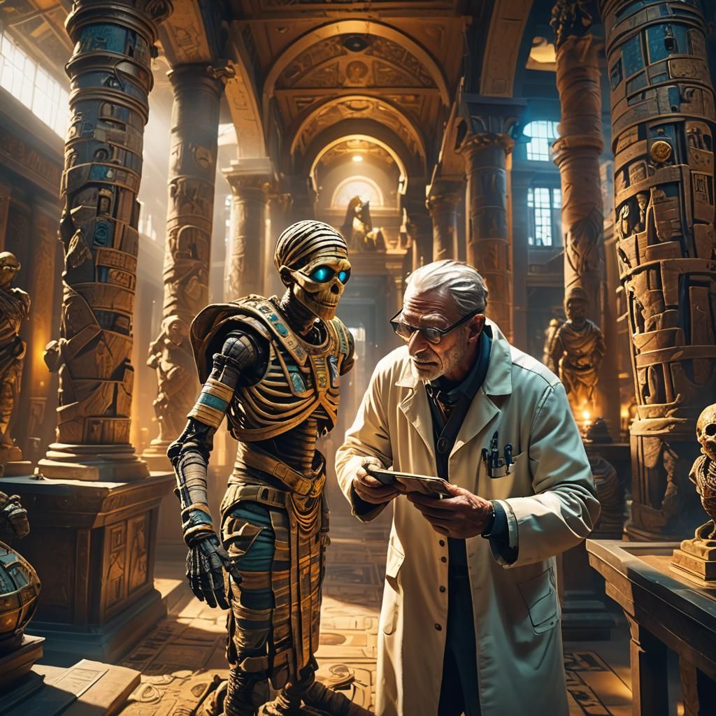 Colorful Mummy Examined in Museum, Fantasy Concept Art