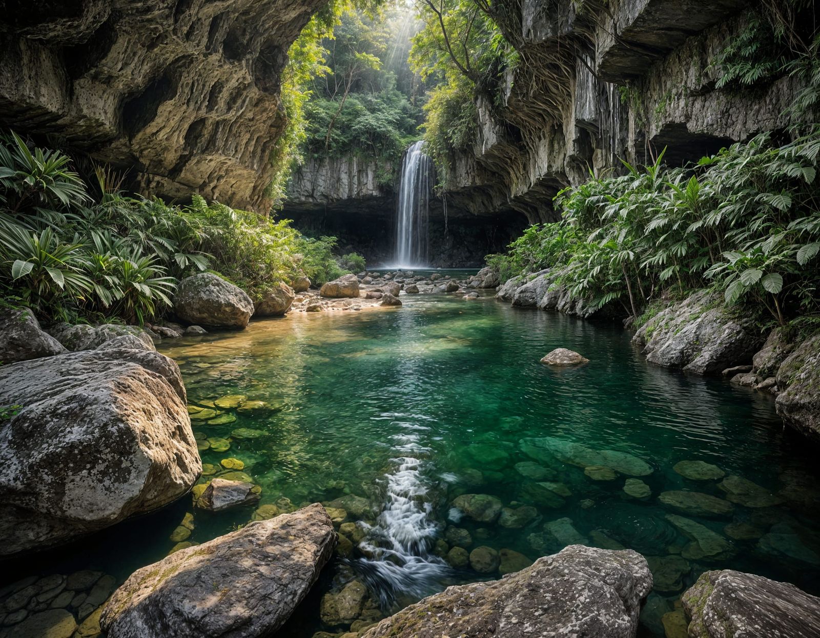 Serene Underground River Reflects in Crystal Clear Waters