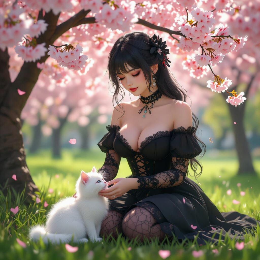 Goth Woman With Kitten Under Cherry Blossoms