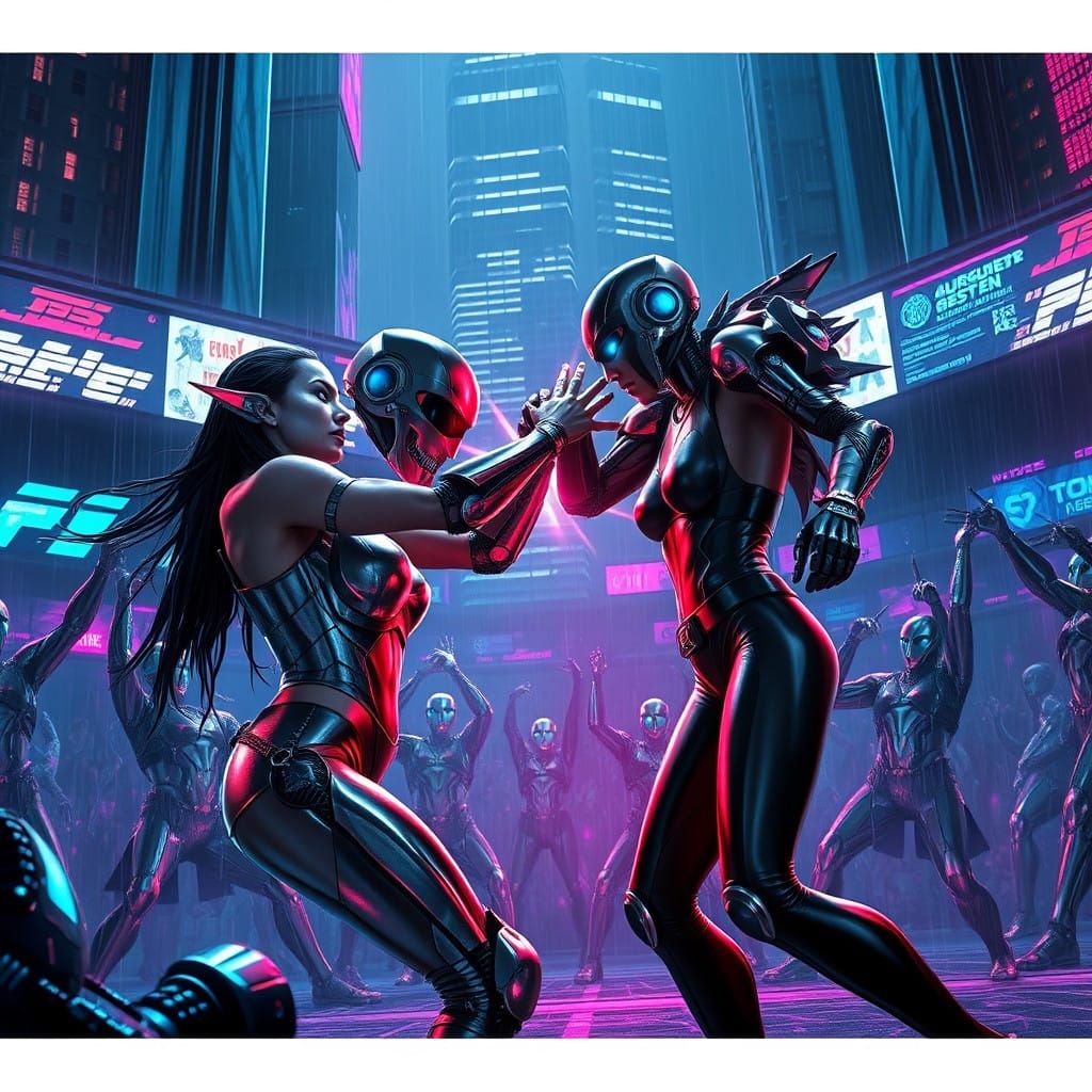 Cyberpunk Arena Showdown: Warrior Woman Dominates Opponent
