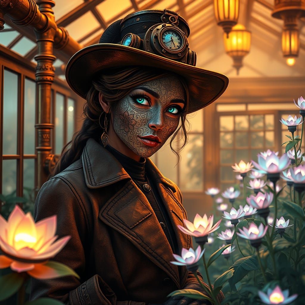 Steampunk Woman Tending Lush Bioluminescent Garden in Elegan...