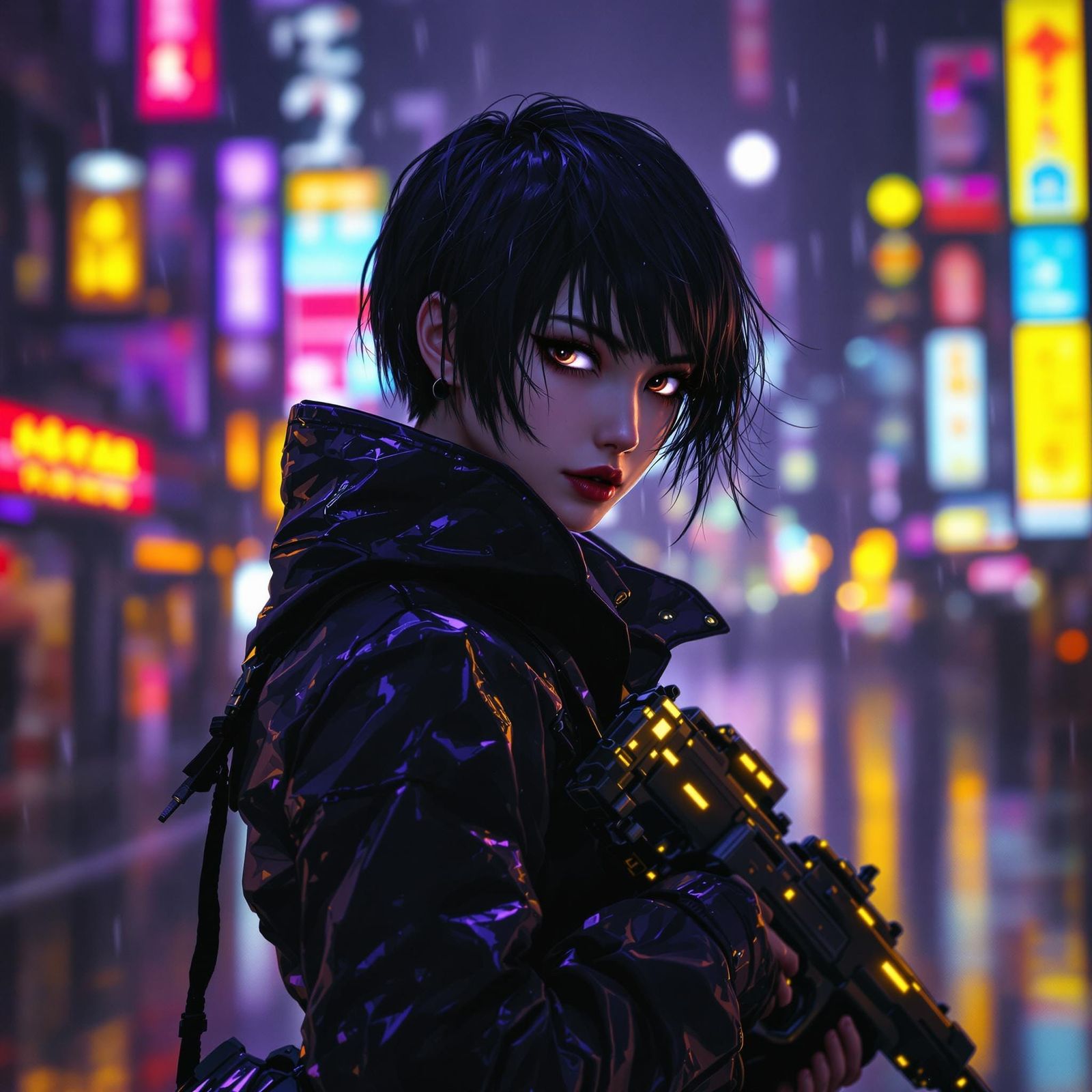 Cyberpunk Woman Patrolling Neo-Tokyo Streets