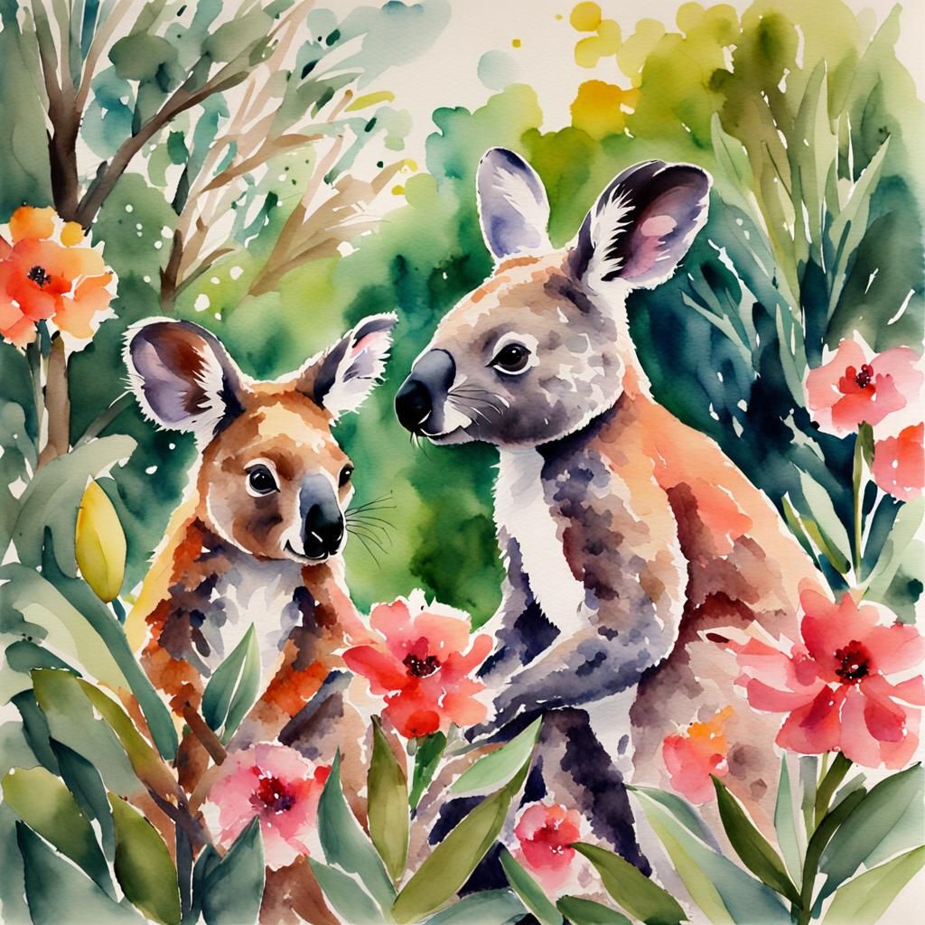 Kangaroo and Koala in Watercolor Garden