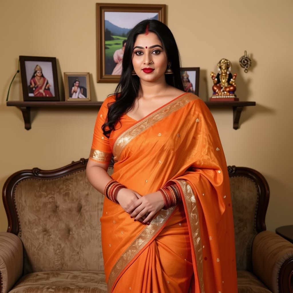 Woman in Bengali Saree on Vintage Sofa