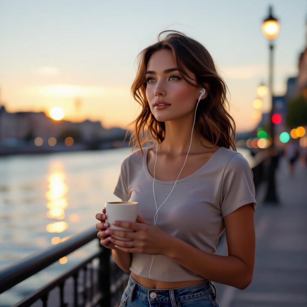 Woman Enjoys Coffee by Riverside in Golden Hour Light
