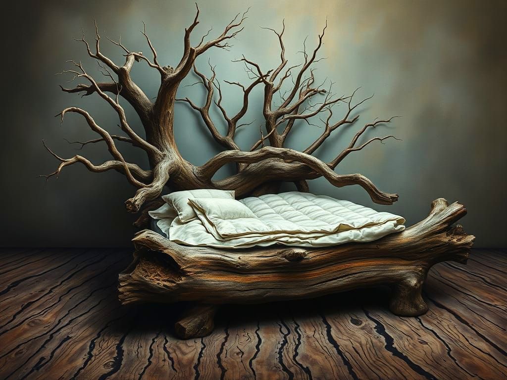 Surreal Tree Trunk Bed on Carved Wood Floor