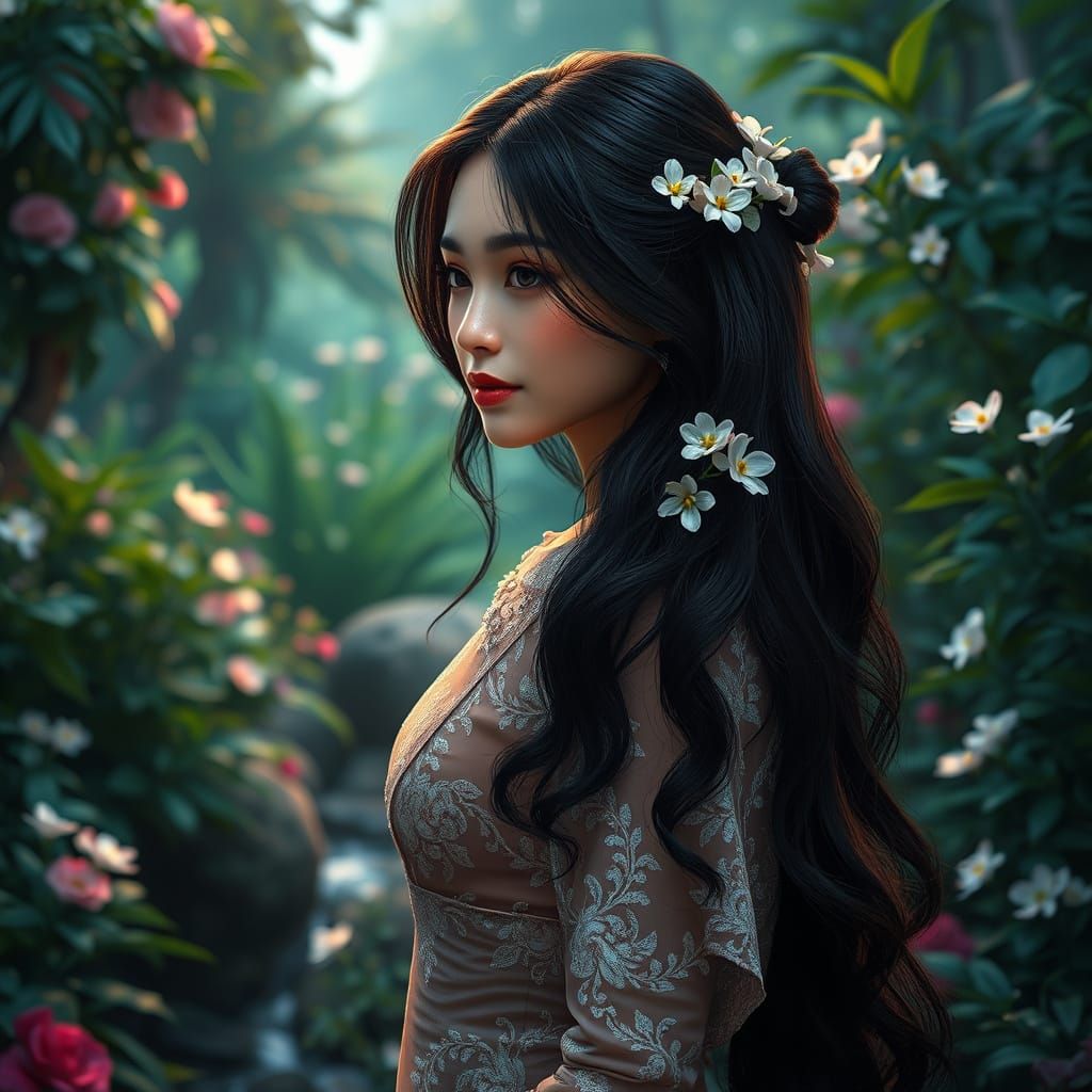 Malay Goddess in Moonlit Garden, Cyberpunk Fantasy Style