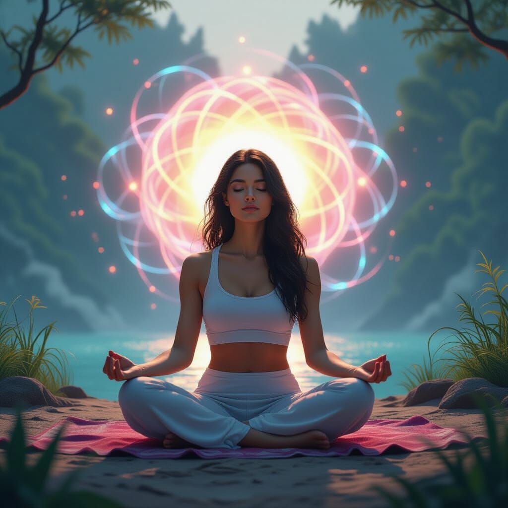 Meditative Woman Surrounded by Light and Sound