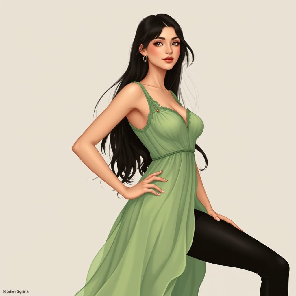 Elegant Woman in Whimsical Green Gown