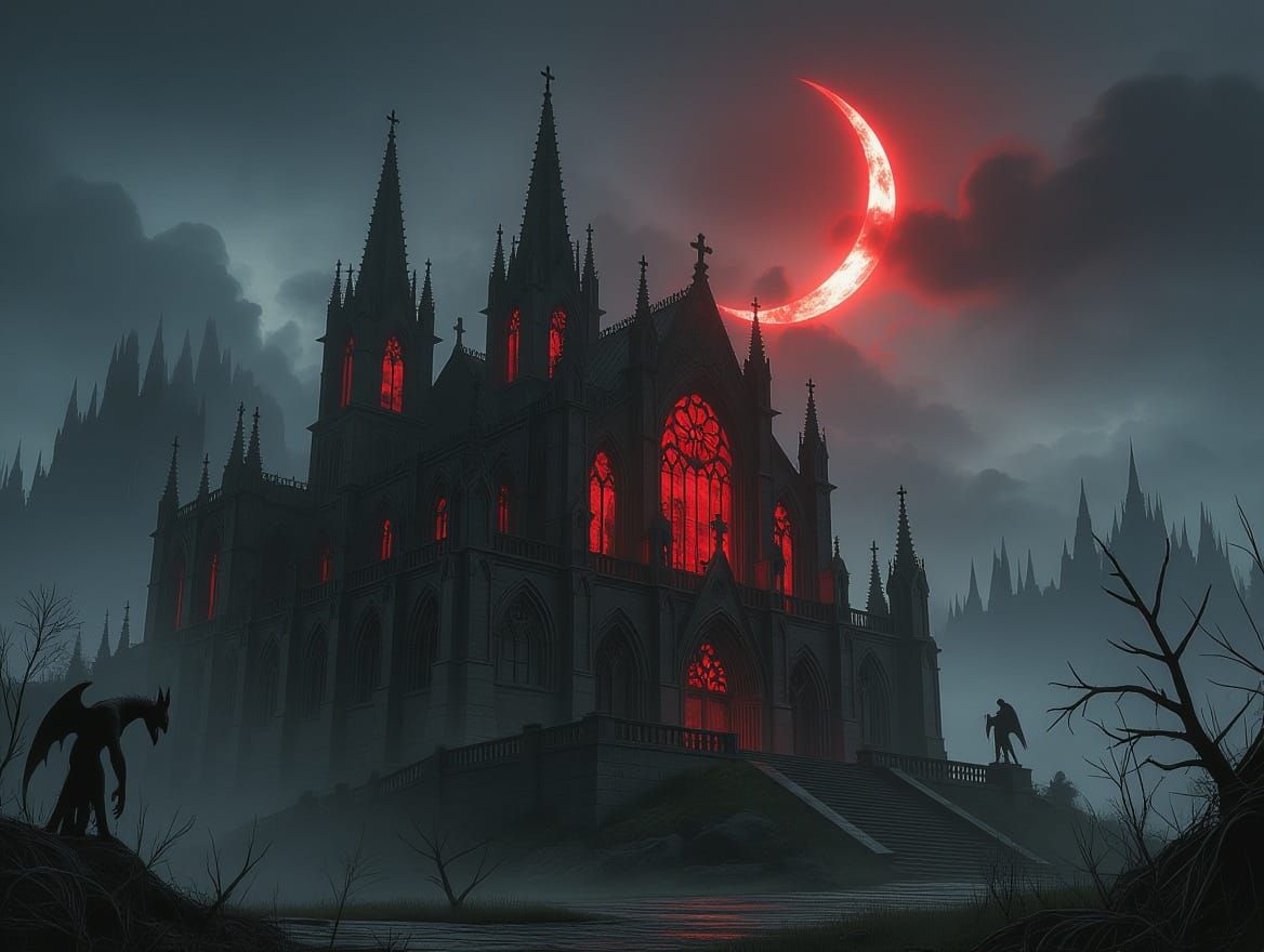 Cursed Cathedral Under Crescent Moonlight