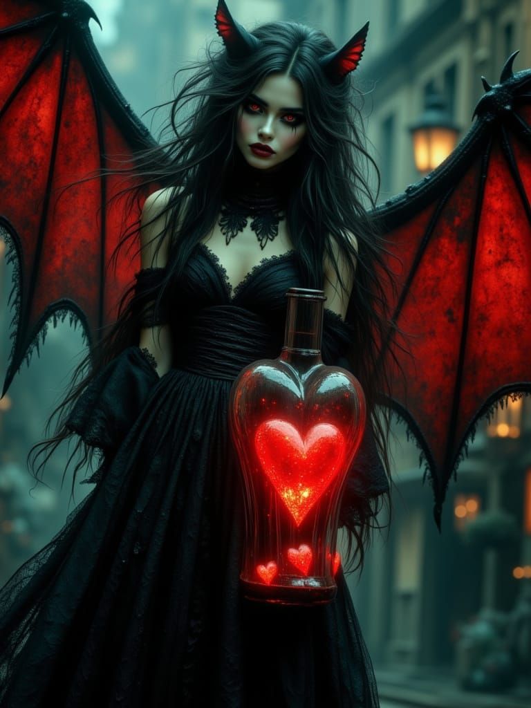 Gothic Bat Woman With Glowing Heart Bottle