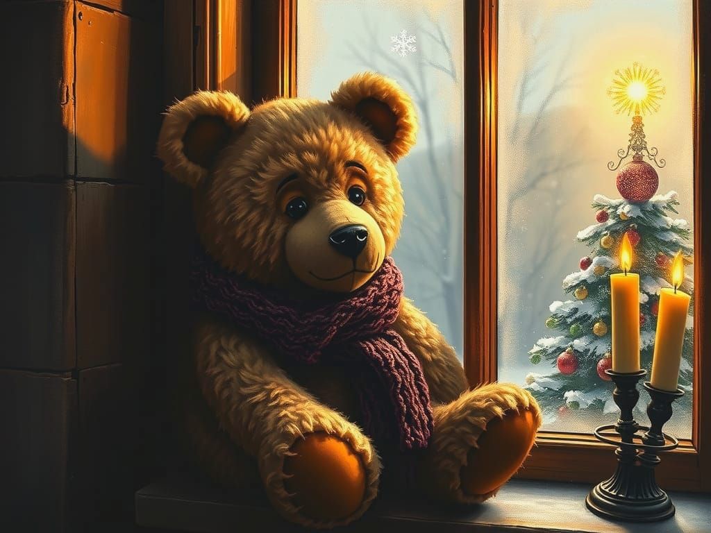 Victorian Teddy Bear's Nostalgic Christmas: Oil Painting