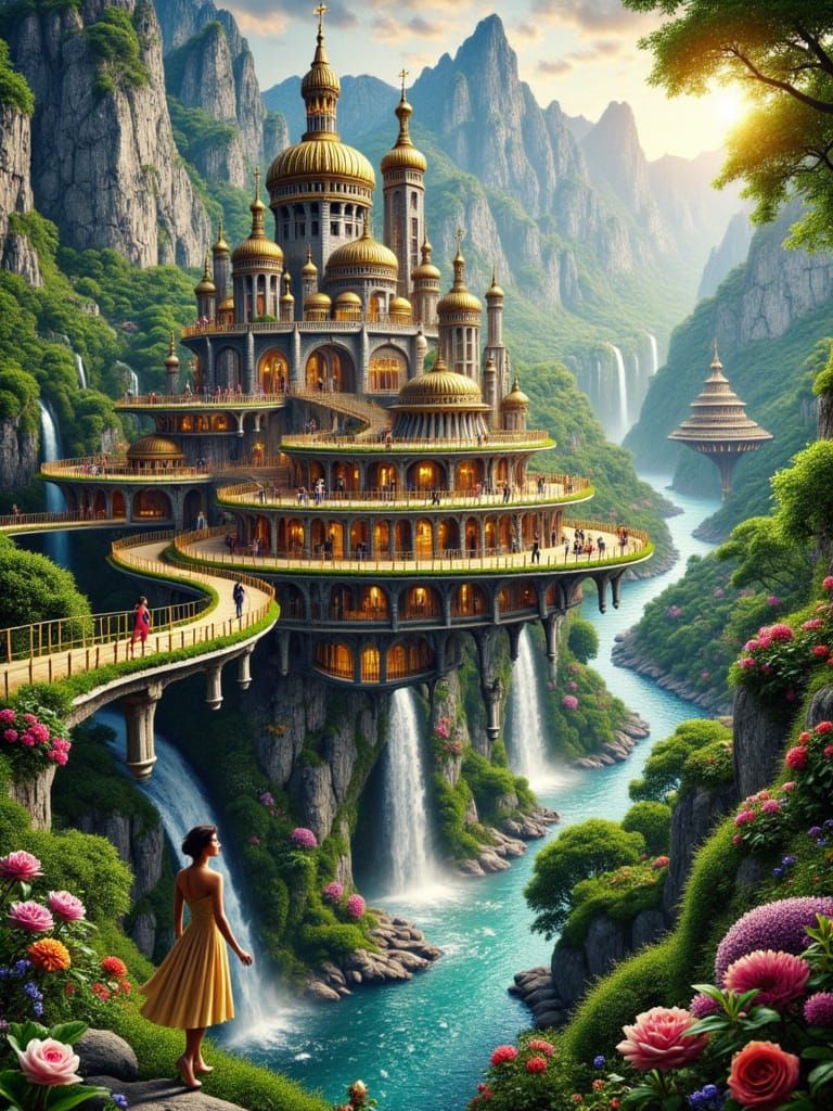 <lora:FiosPianoMagic:1.0> Massive, round, floating city; int...