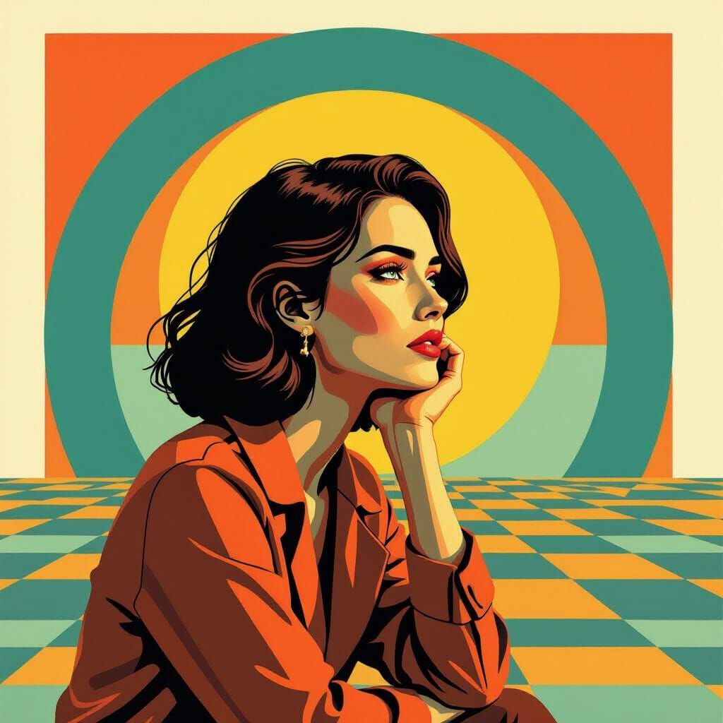 Introspective Woman in Bauhaus-Inspired Pop Art