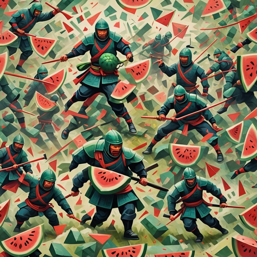 Cubist Ninja Watermelon Attack on Battlefield