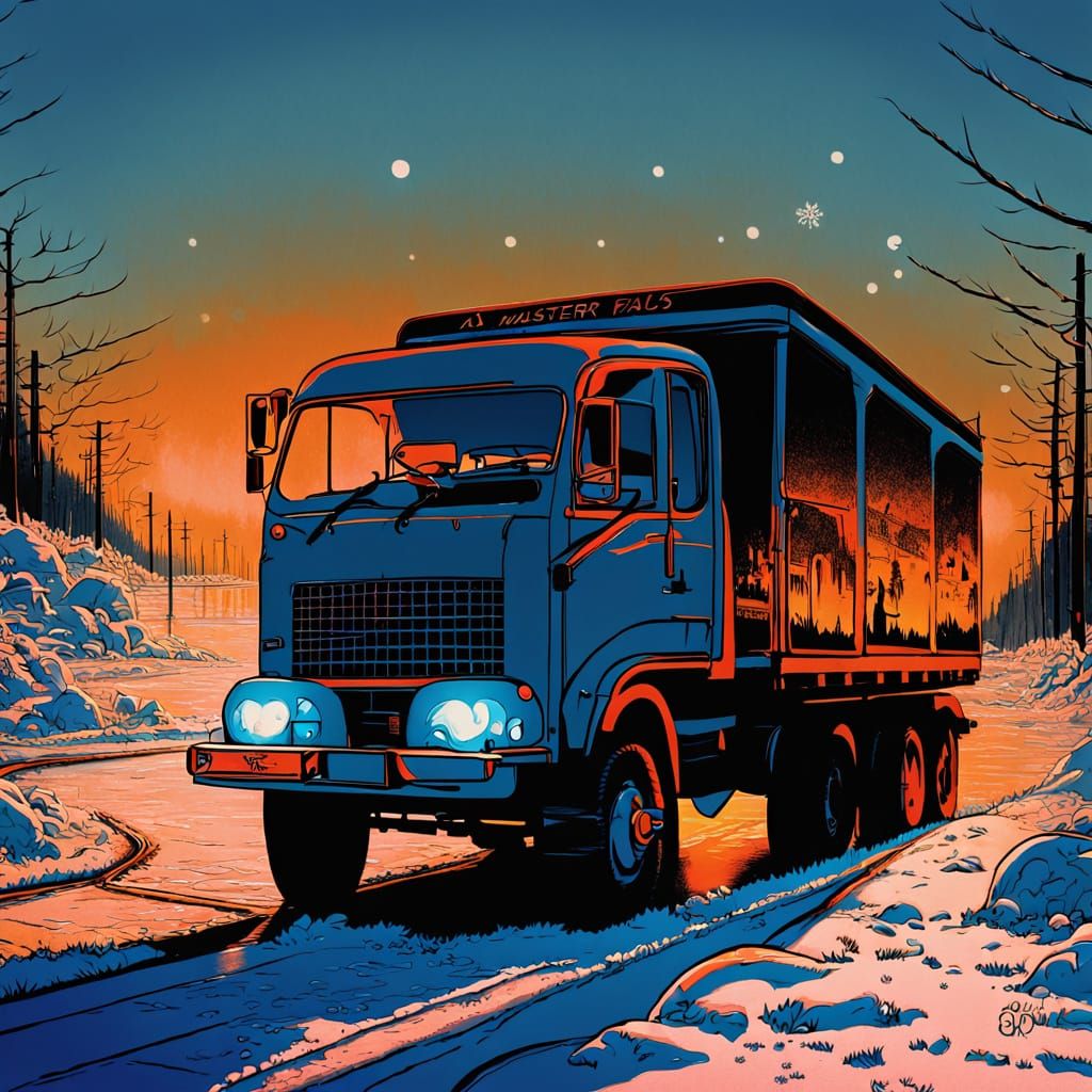 Winter Highway Under Glowing Headlights in Vibrant Oil Paint...