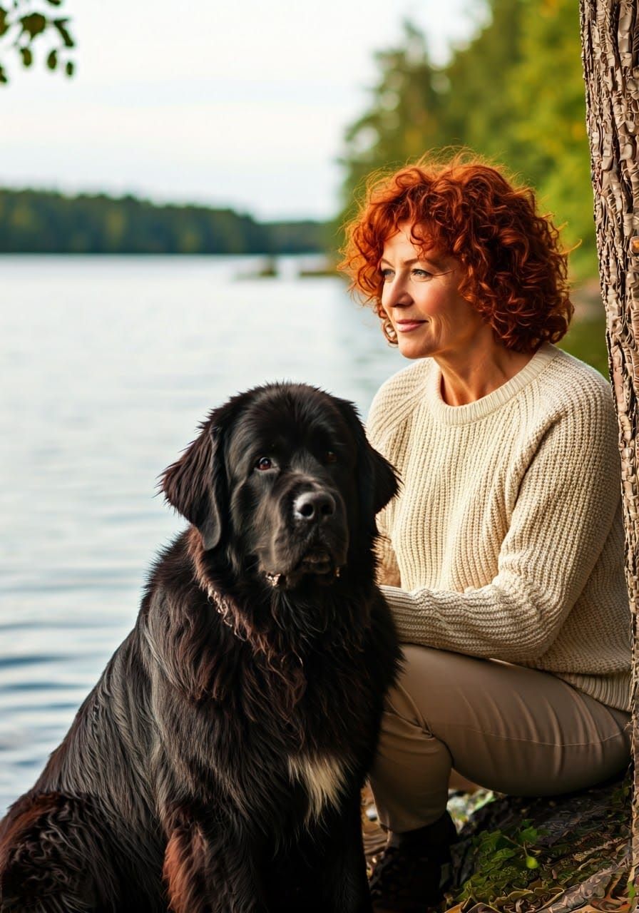 Lakeside Contentment: Woman and Dog in Golden Light