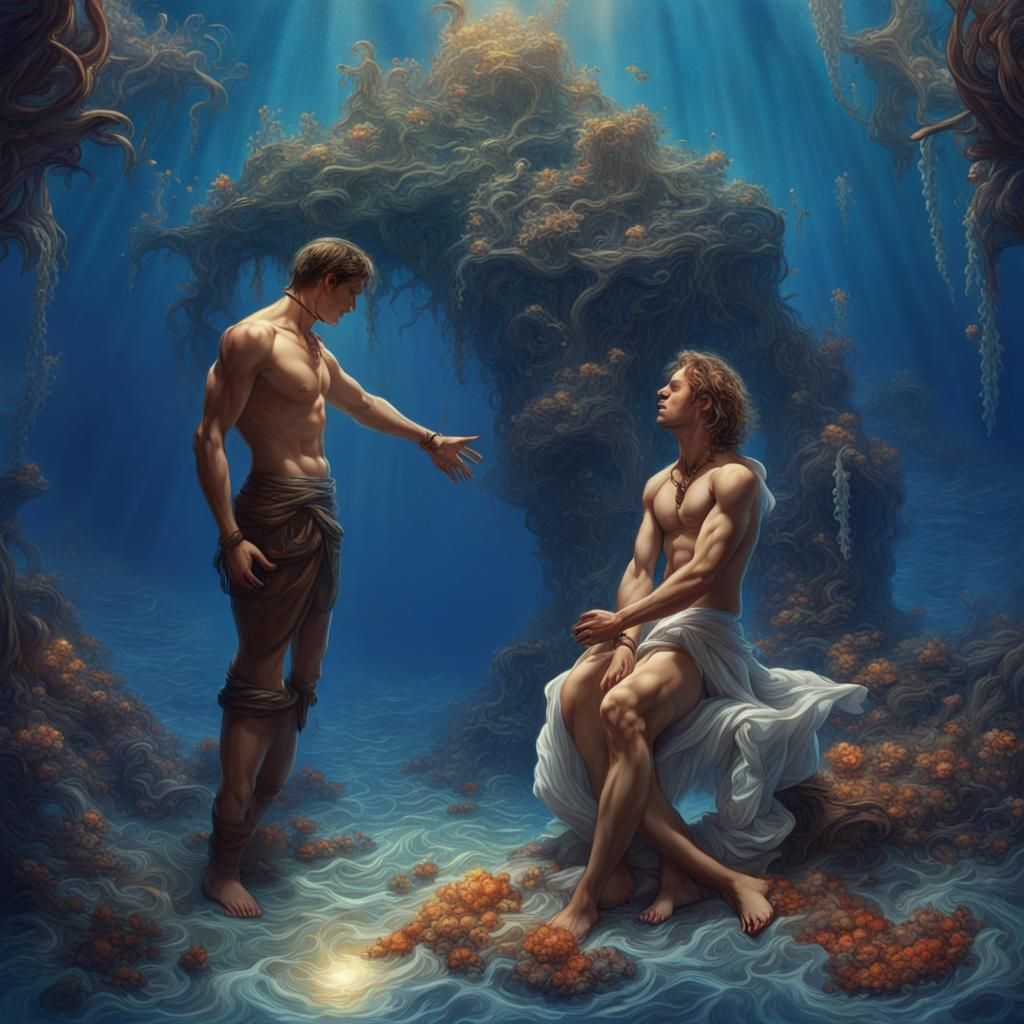 Two Men in Deep Blue Ocean: Fantasy Concept Art