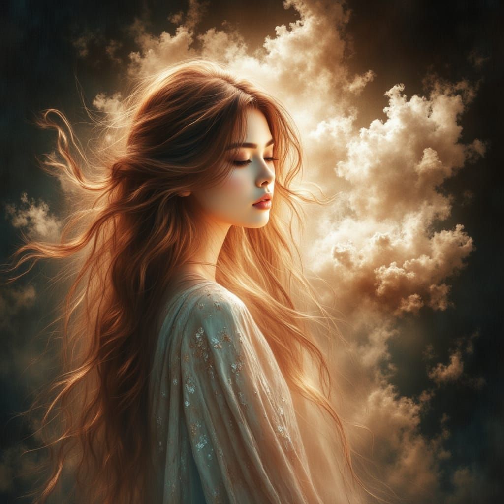 Ethereal Woman with Flowing Hair as Clouds