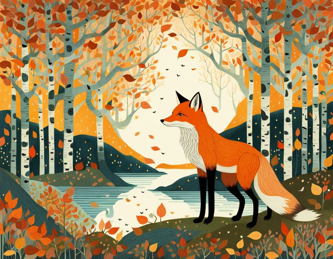Fox in Whimsical Autumn Birch Forest