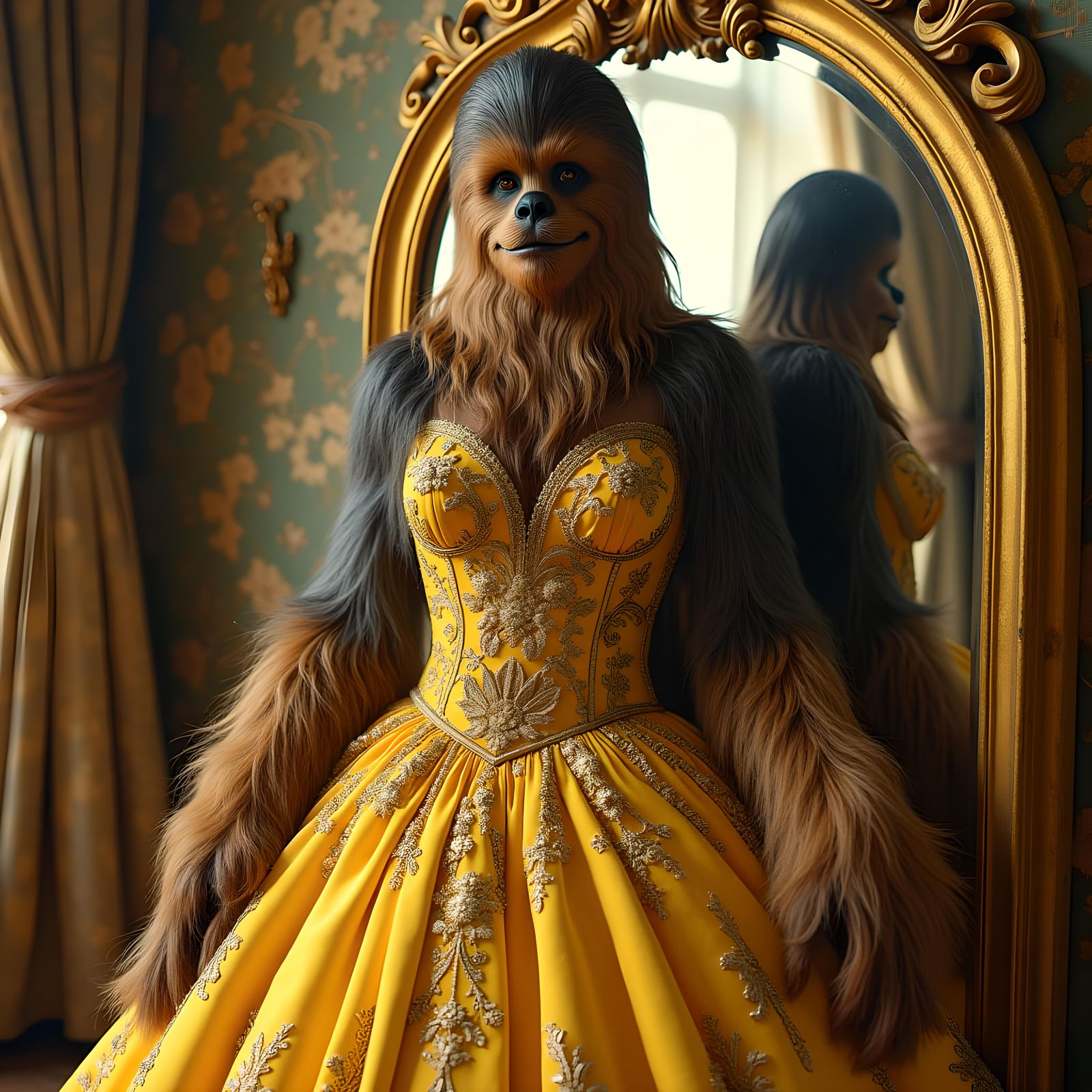 Chewbacca in Yellow Ball Gown