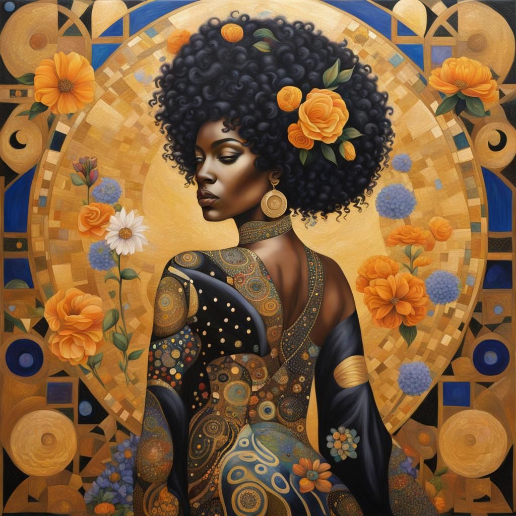 Black Dancer in Klimt Style with Flowers and Gold