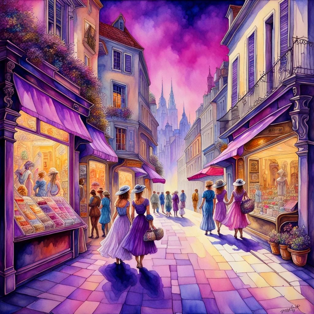 French Shopping Street Scene in Watercolour