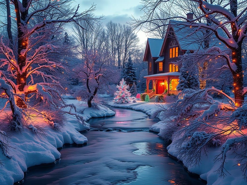 Winter Wonderland at Dusk with Victorian Cottage