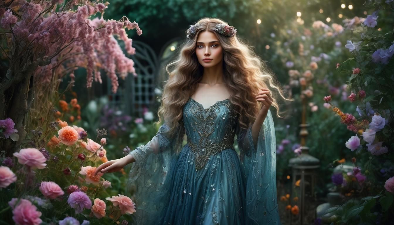 Enchanting Hazel-Eyed Witch in Magical Flower Garden