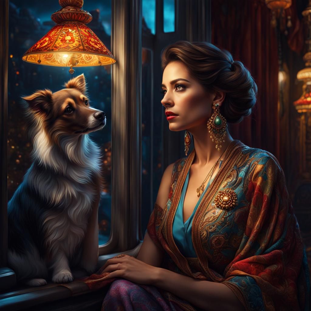 Hyperrealistic Portrait of Woman with Dog at Night