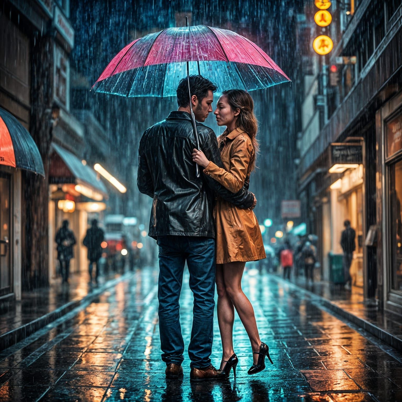 Neon-Lit Couple Embraced Under the Rain