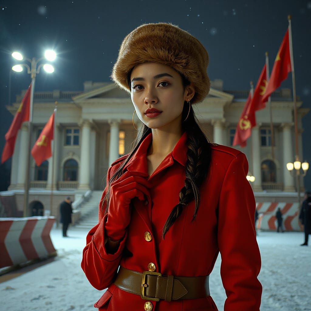 Zhuang Woman in Red Military Coat in Snowy City
