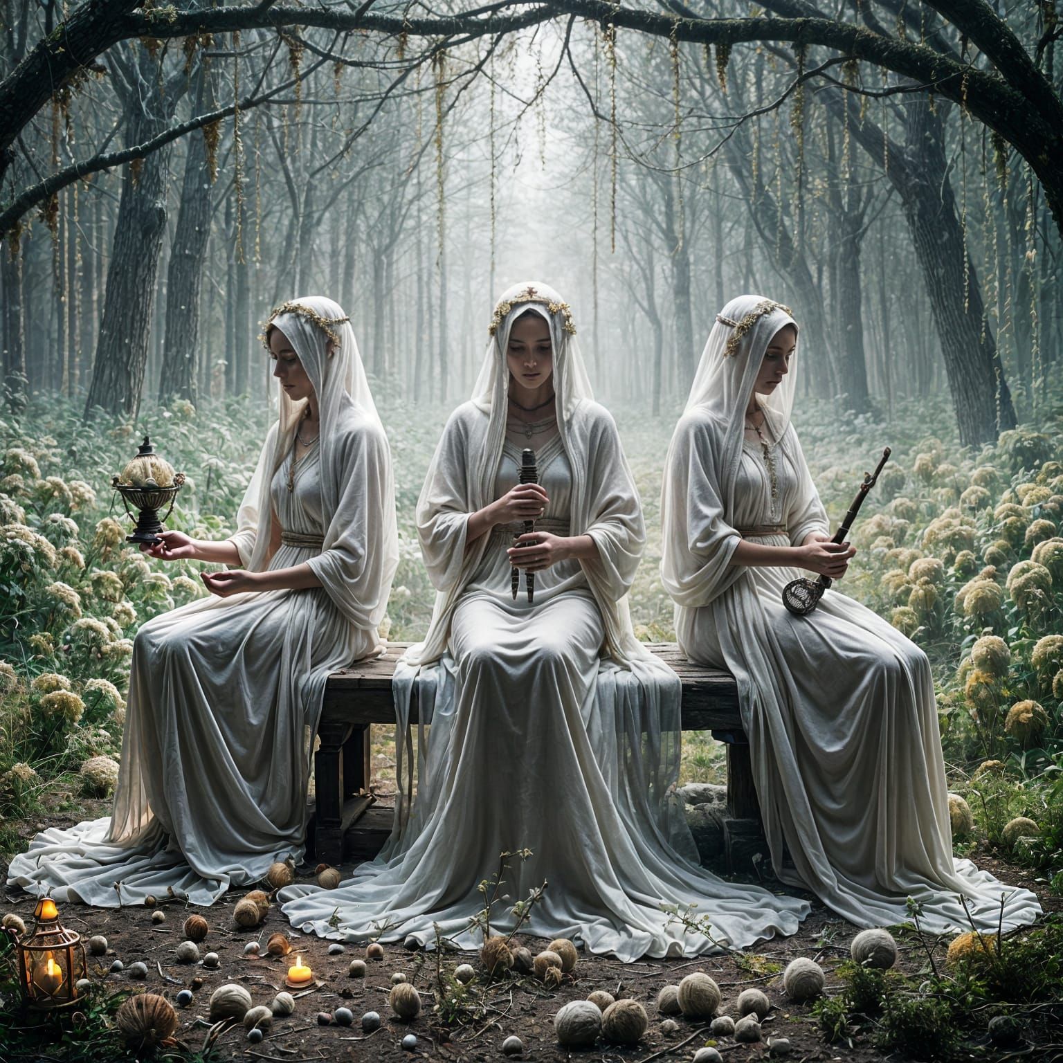 The Three Fates Weaving Destiny in Spectral Forest