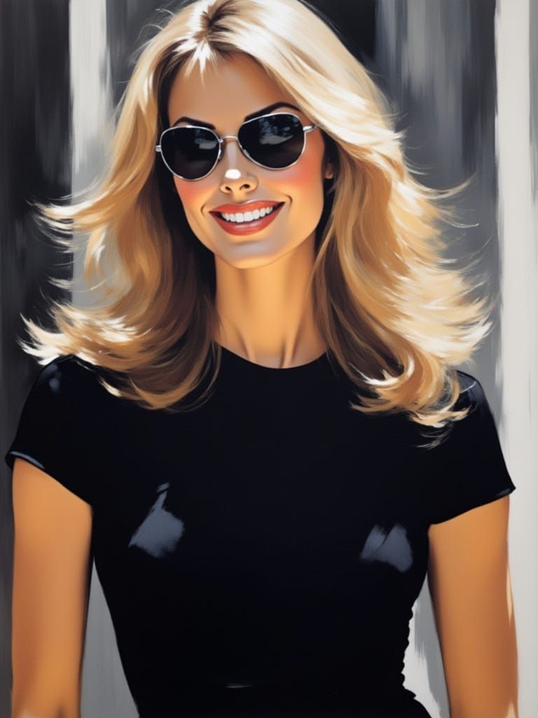 Woman with Aviators Smiling in 1970s Impressionism
